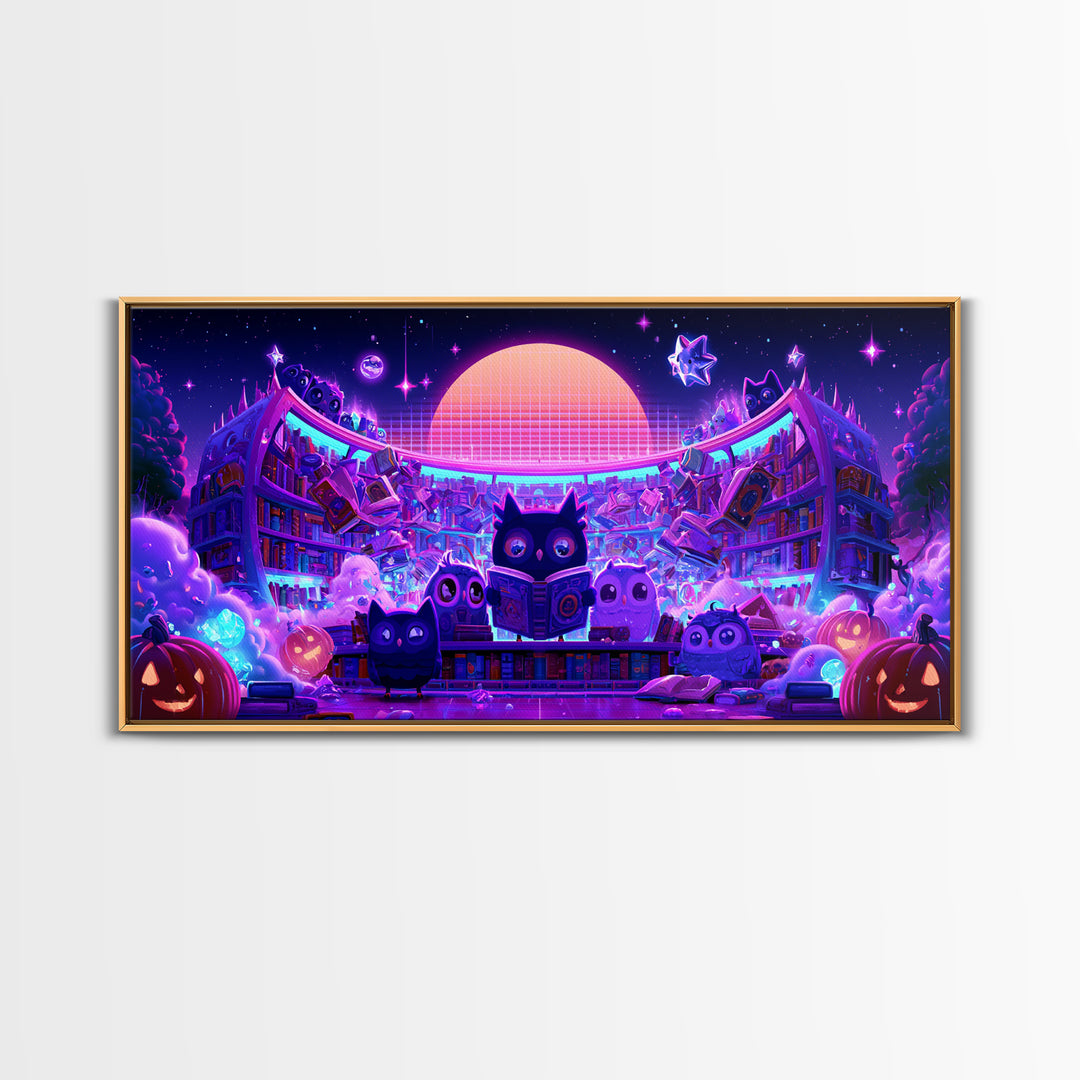 The Moonbeam Library, Vaporwave Halloween Decor, Wide Panoramic Art, Canvas Print, Retro Halloween Decor, Neon Wall Art, Macabre Wall Art