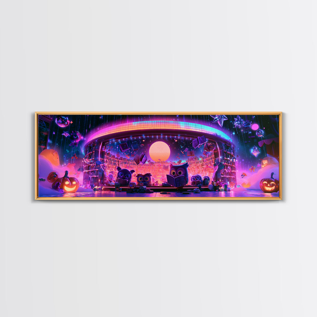 The Moonbeam Library, Cute Spooky Neon Art, Extra Wide Wall Art, Framed Canvas Print, Retro Halloween Decor, Neon Wall Art, Dark Fantasy Art