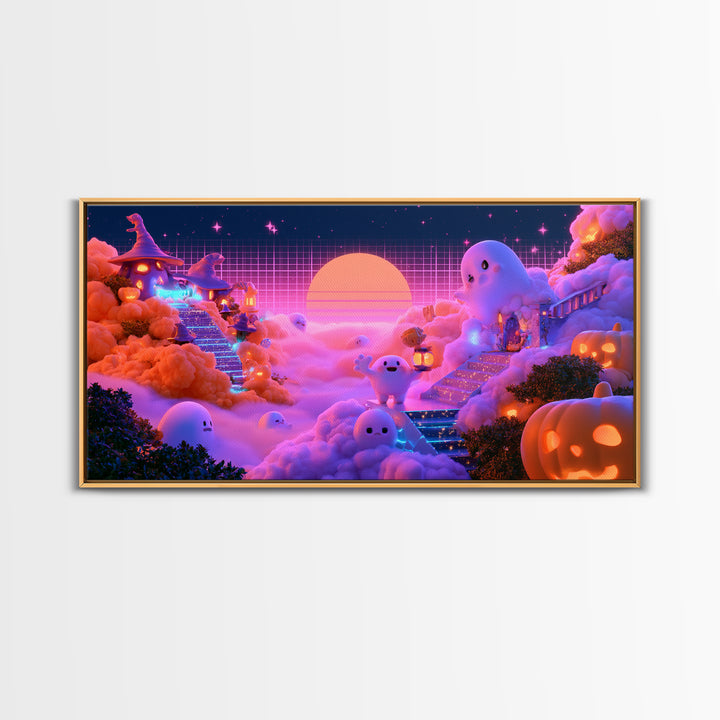 The Halloween Cloud Kingdom, Synthwave Halloween Art, Wide Panoramic Art, Canvas Print, Retro Halloween Decor, Neon Wall Art