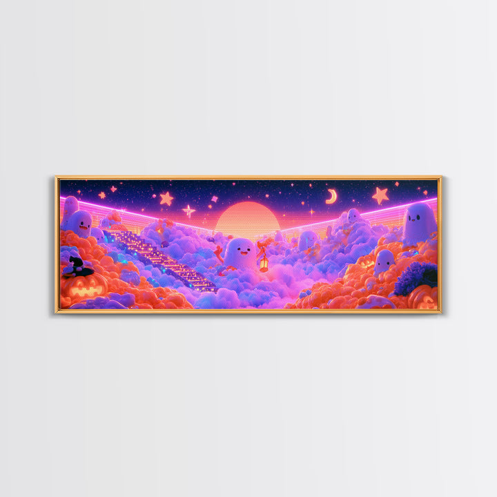 The Halloween Cloud Kingdom, Retro Neon Halloween Art, Extra Wide Wall Art, Framed Canvas Print, Retro Halloween Decor, Neon Wall Art