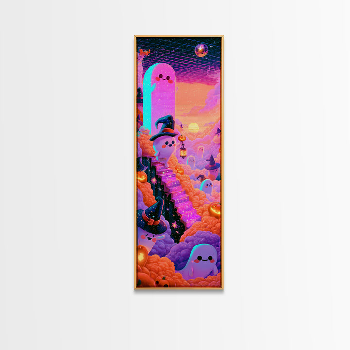 The Halloween Cloud Kingdom, Cute Spooky Neon Art, Tall Narrow Wall Art, Framed Canvas Print, Retro Halloween Decor, Neon Wall Art