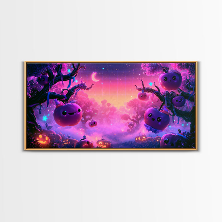 The Enchanted Apple Orchard, 80s Halloween Wall Art, Wide Panoramic Art, Canvas Print, Retro Halloween Decor, Neon Wall Art