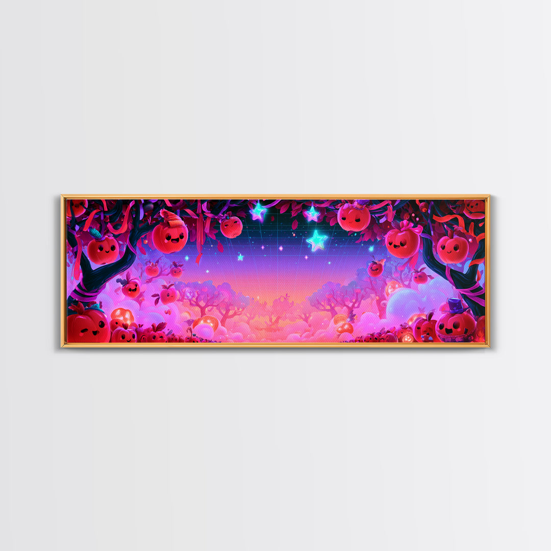 The Enchanted Apple Orchard, Retro Neon Halloween Art, Extra Wide Wall Art, Framed Canvas Print, Retro Halloween Decor, Neon Wall Art