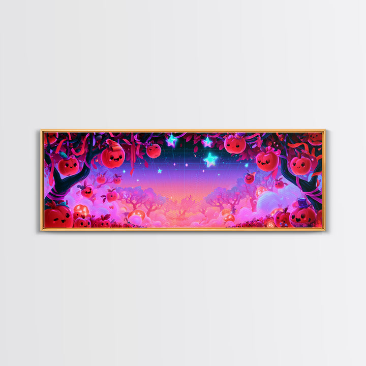 The Enchanted Apple Orchard, Retro Neon Halloween Art, Extra Wide Wall Art, Framed Canvas Print, Retro Halloween Decor, Neon Wall Art