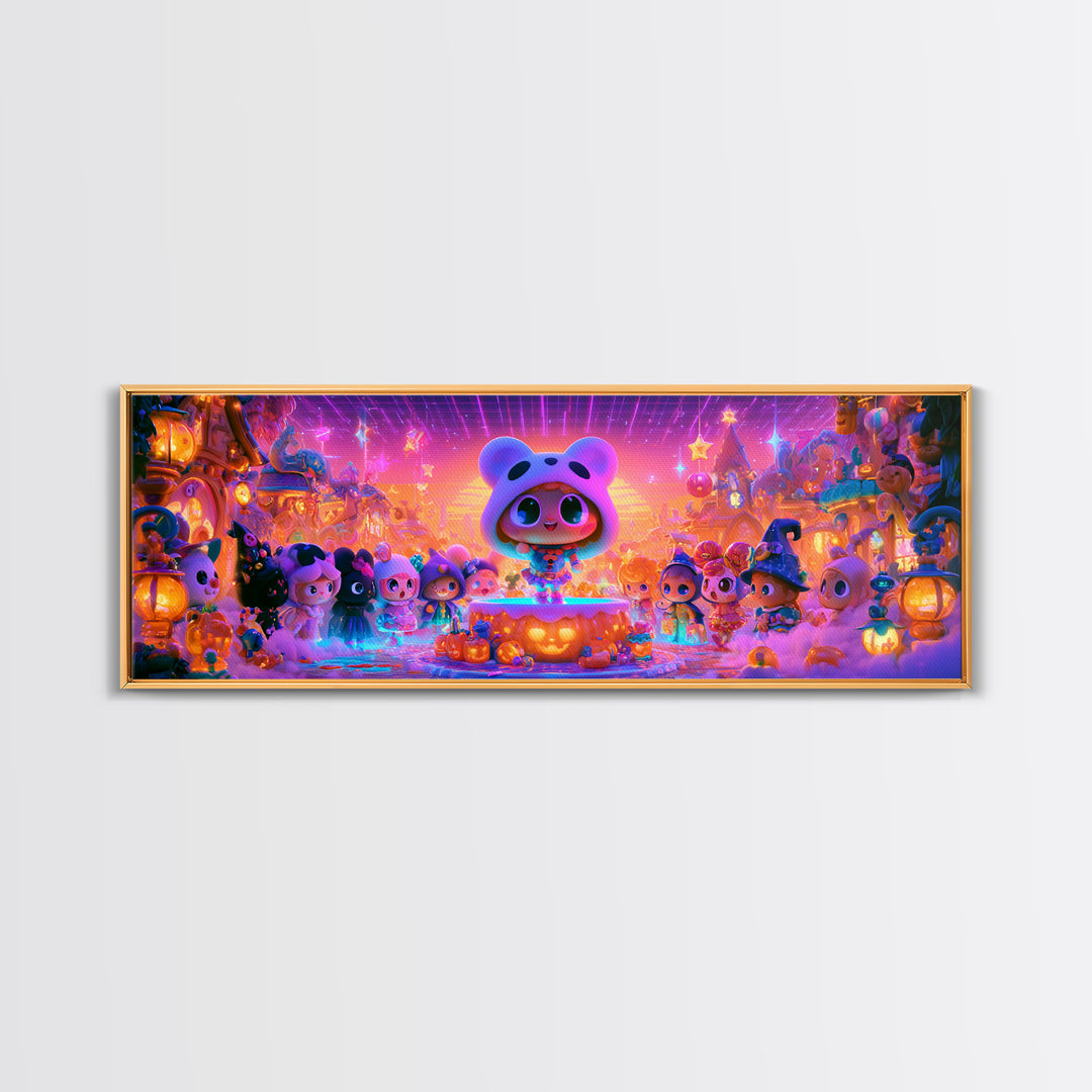 The Trick-Or-Treat Village Square, 80s Halloween Wall Art, Extra Wide Wall Art, Framed Canvas Print, Retro Halloween Decor, Neon Wall Art