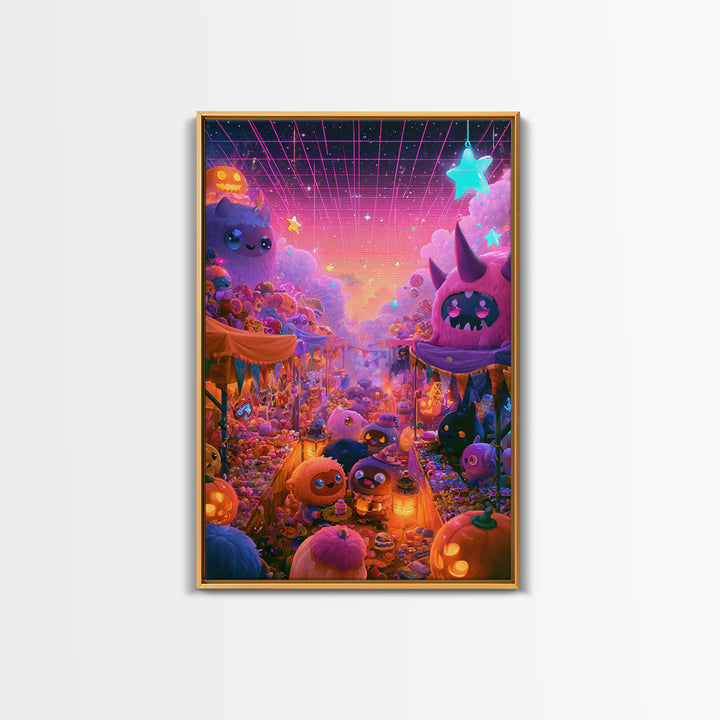 The Friendly Monster Market, Cute Spooky Neon Art, Vertical Wall Art, Framed Canvas Print, Retro Halloween Decor, Neon Wall Art