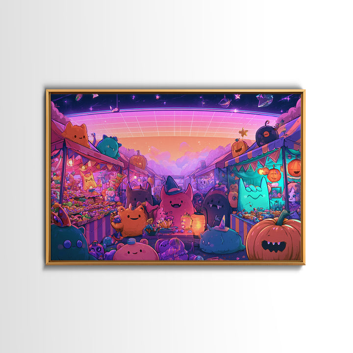 The Friendly Monster Market, Vaporwave Halloween Decor, Landscape Wall Art, Framed Canvas Print, Retro Halloween Decor, Neon Wall Art