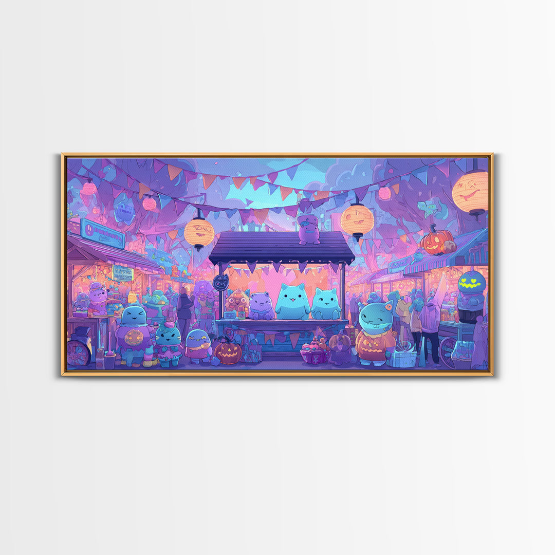 The Friendly Monster Market, 80s Halloween Wall Art, Wide Panoramic Art, Framed Canvas Print, Retro Halloween Decor, Neon Wall Art