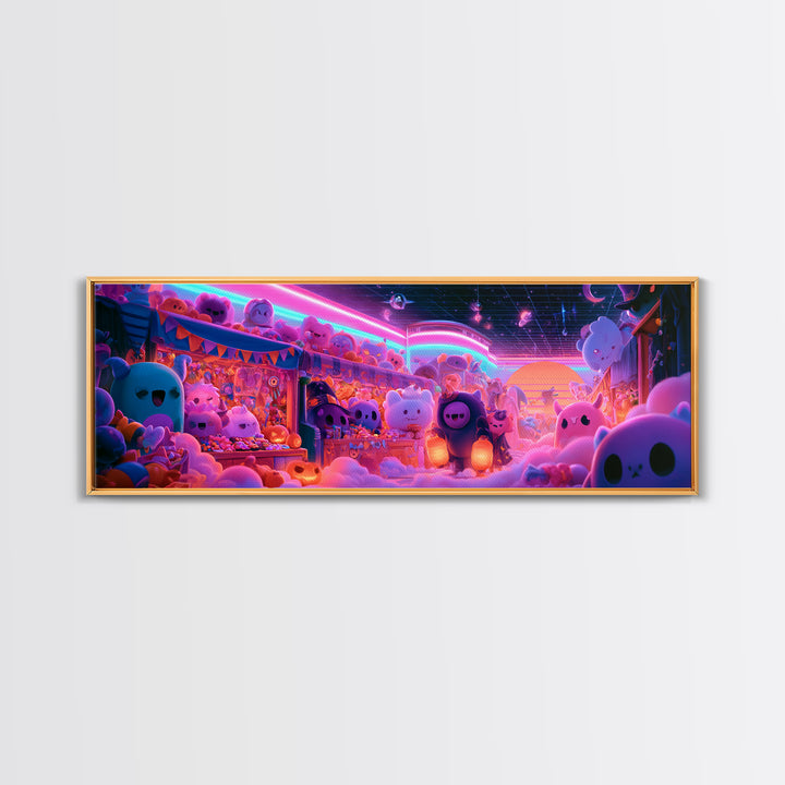 The Friendly Monster Market, 80s Halloween Wall Art, Extra Wide Wall Art, Framed Canvas Print, Retro Halloween Decor, Neon Wall Art