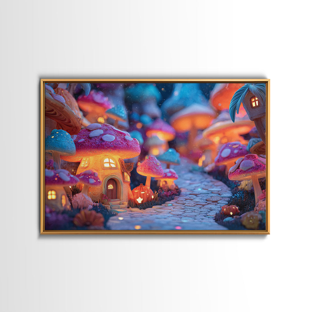 The Lantern-Lit Mushroom Village, Vaporwave Halloween Decor, Landscape Wall Art, Canvas Print, Retro Halloween Decor, Neon Wall Art