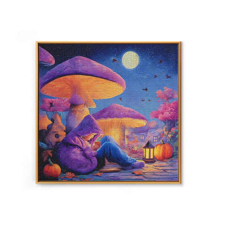 The Lantern-Lit Mushroom Village, Retro Neon Halloween Art, Square Wall Art, Framed Canvas Print, Retro Halloween Decor, Neon Wall Art