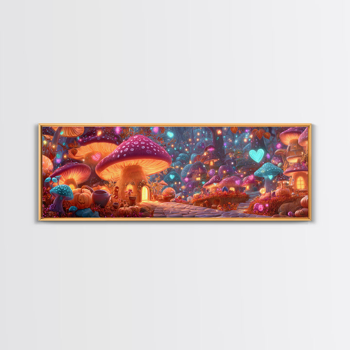 The Lantern-Lit Mushroom Village, 80s Halloween Wall Art, Extra Wide Wall Art, Framed Canvas Print, Retro Halloween Decor, Neon Wall Art