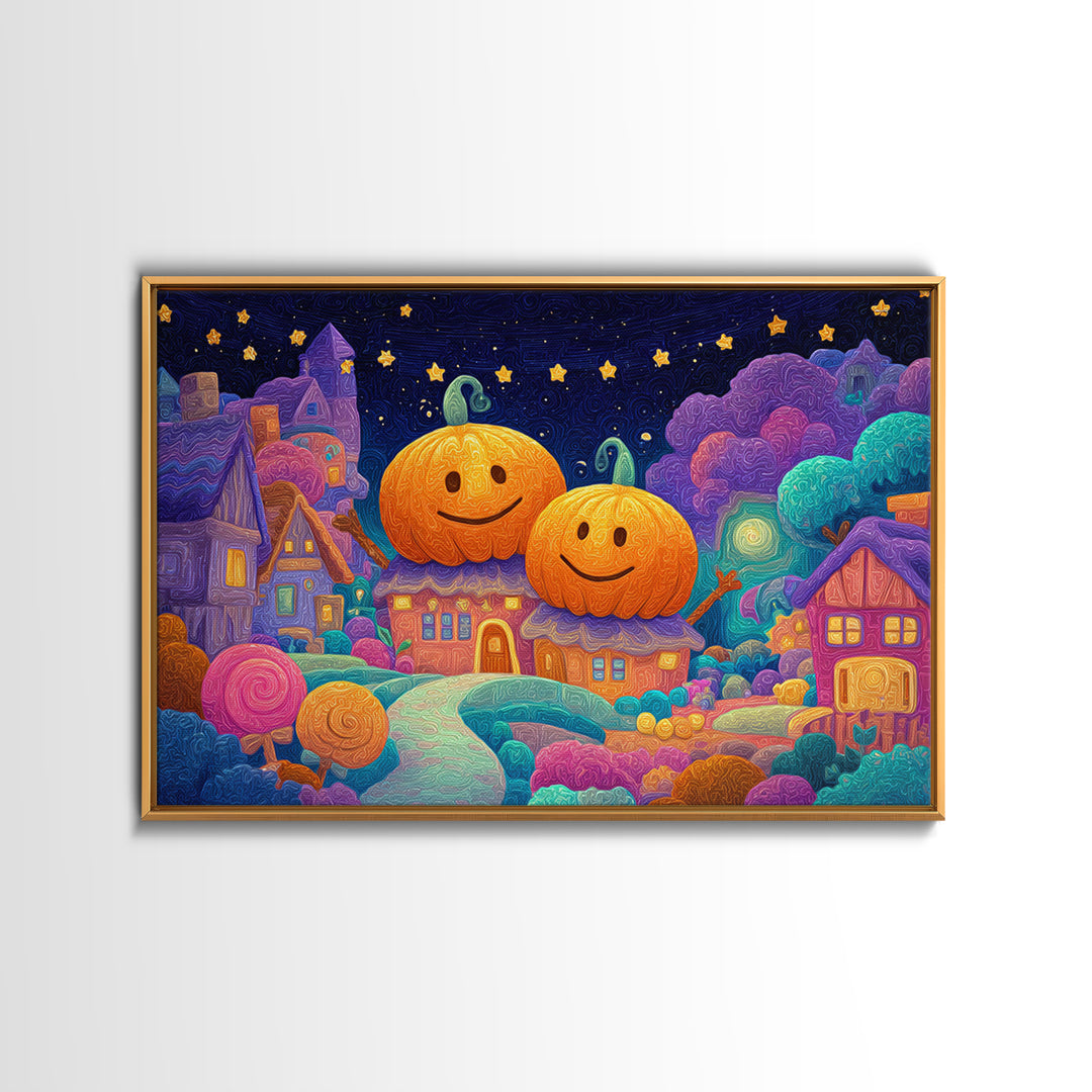 The Starry Pumpkin Farm, Retro Neon Halloween Art, Landscape Wall Art, Canvas Print, Retro Halloween Decor, Neon Wall Art
