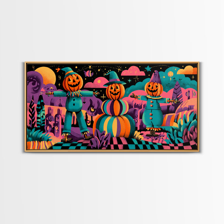 The Starry Pumpkin Farm, 80s Halloween Wall Art, Wide Panoramic Art, Canvas Print, Retro Halloween Decor, Neon Wall Art, Horror Wall Art