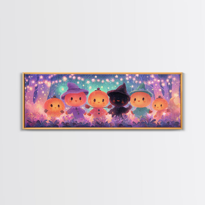The Starry Pumpkin Farm, Vaporwave Halloween Decor, Extra Wide Wall Art, Framed Canvas Print, Retro Halloween Decor, Neon Wall Art