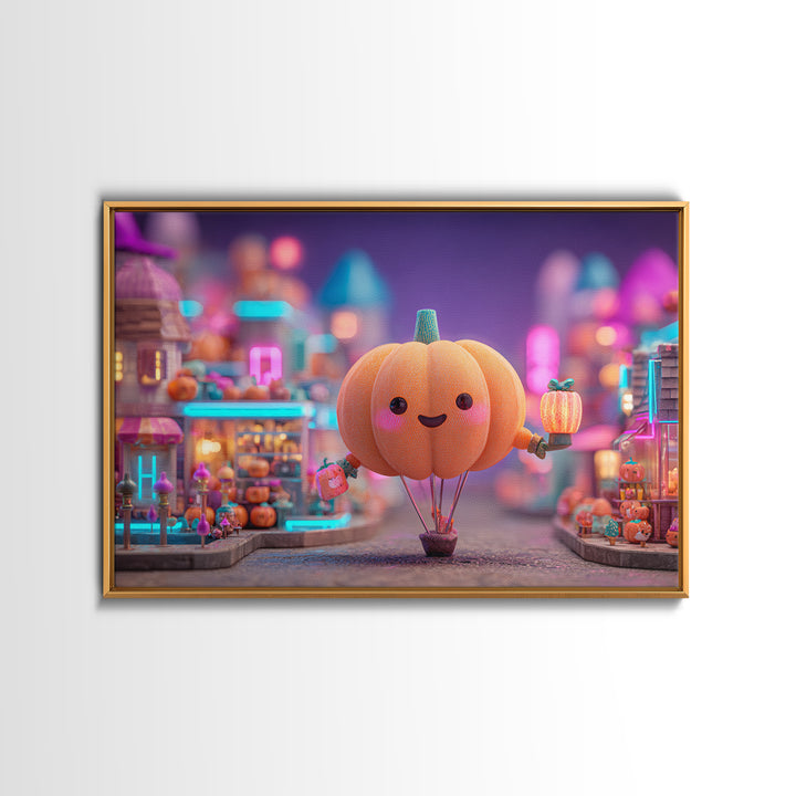 The Pumpkin Balloon Parade, Cute Spooky Neon Art, Landscape Wall Art, Framed Canvas Print, Retro Halloween Decor, Neon Wall Art