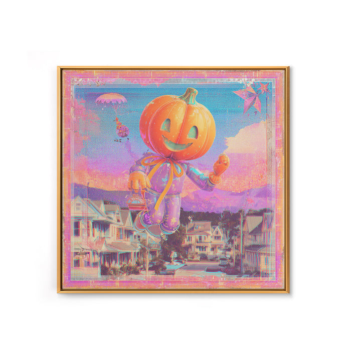 The Pumpkin Balloon Parade, Cute Spooky Neon Art, Square Wall Art, Canvas Print, Retro Halloween Decor, Neon Wall Art, Statement Wall Art