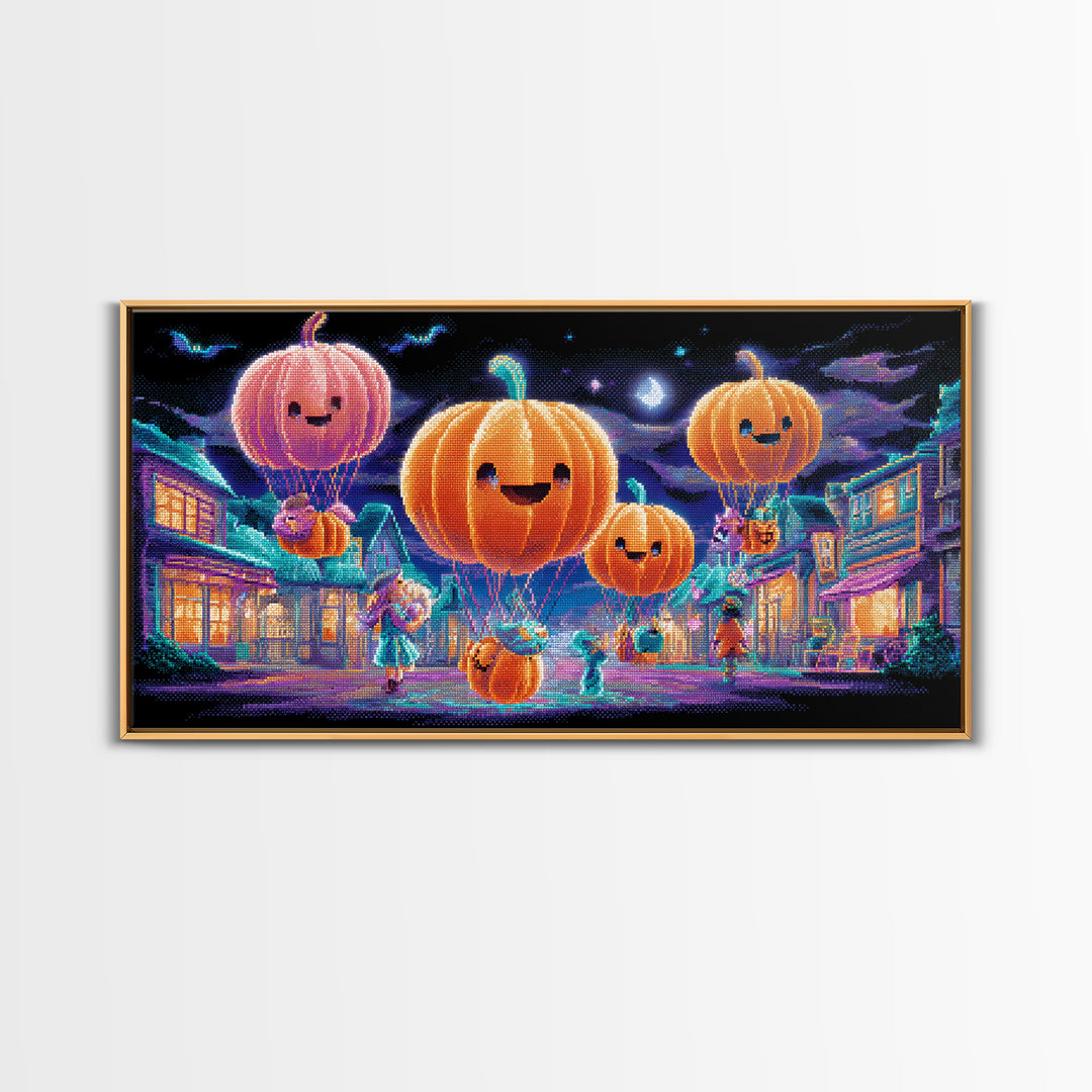 The Pumpkin Balloon Parade, 80s Halloween Wall Art, Wide Panoramic Art, Canvas Print, Retro Halloween Decor, Neon Wall Art