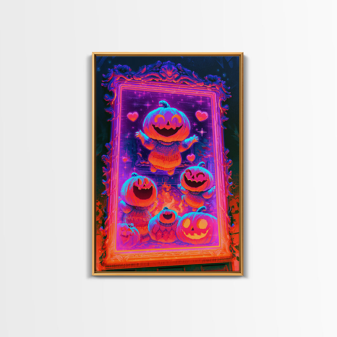 The Pumpkin Family Portrait, Synthwave Halloween Art, Vertical Wall Art, Framed Canvas Print, Retro Halloween Decor, Neon Wall Art
