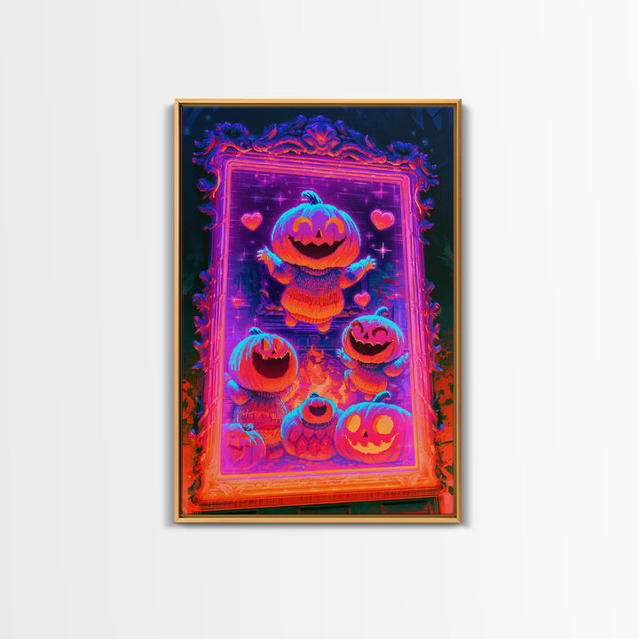 The Pumpkin Family Portrait, Synthwave Halloween Art, Vertical Wall Art, Framed Canvas Print, Retro Halloween Decor, Neon Wall Art