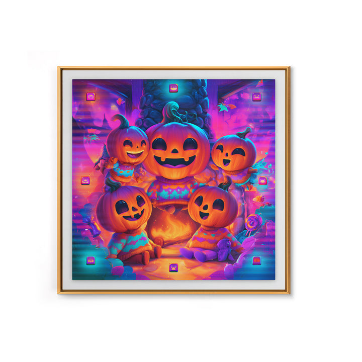 The Pumpkin Family Portrait, 80s Halloween Wall Art, Square Wall Art, Framed Canvas Print, Retro Halloween Decor, Neon Wall Art