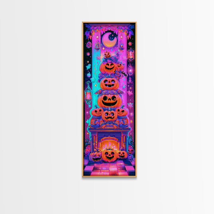 The Pumpkin Family Portrait, Retro Neon Halloween Art, Tall Narrow Wall Art, Canvas Print, Retro Halloween Decor, Neon Wall Art