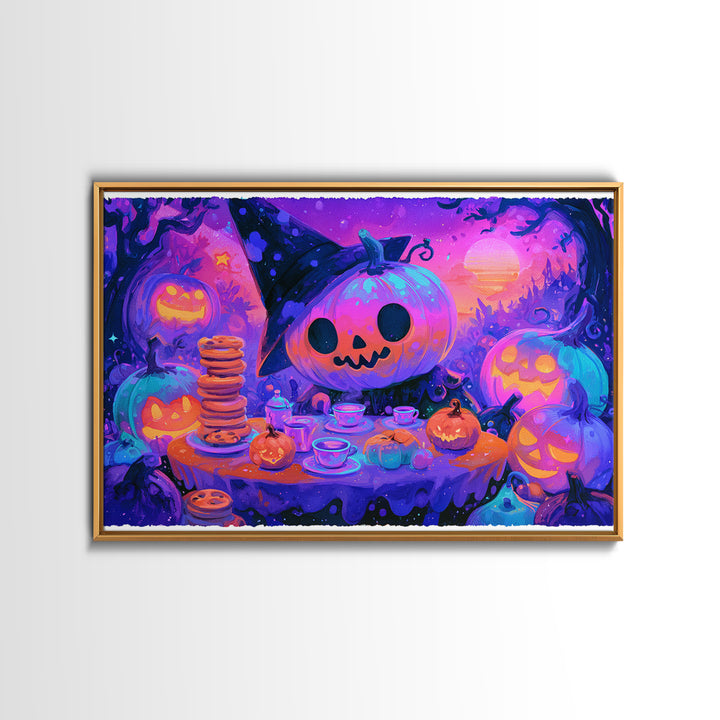 The Pumpkin Tea Party, Retro Neon Halloween Art, Landscape Wall Art, Framed Canvas Print, Retro Halloween Decor, Neon Wall Art