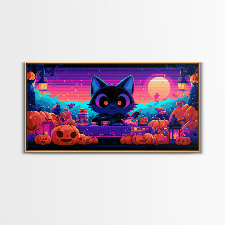 The Pumpkin Tea Party, 80s Halloween Wall Art, Wide Panoramic Art, Canvas Print, Retro Halloween Decor, Neon Wall Art