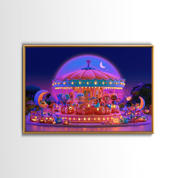 The Pumpkin Carousel, Retro Neon Halloween Art, Landscape Wall Art, Framed Canvas Print, Retro Halloween Decor, Neon Wall Art