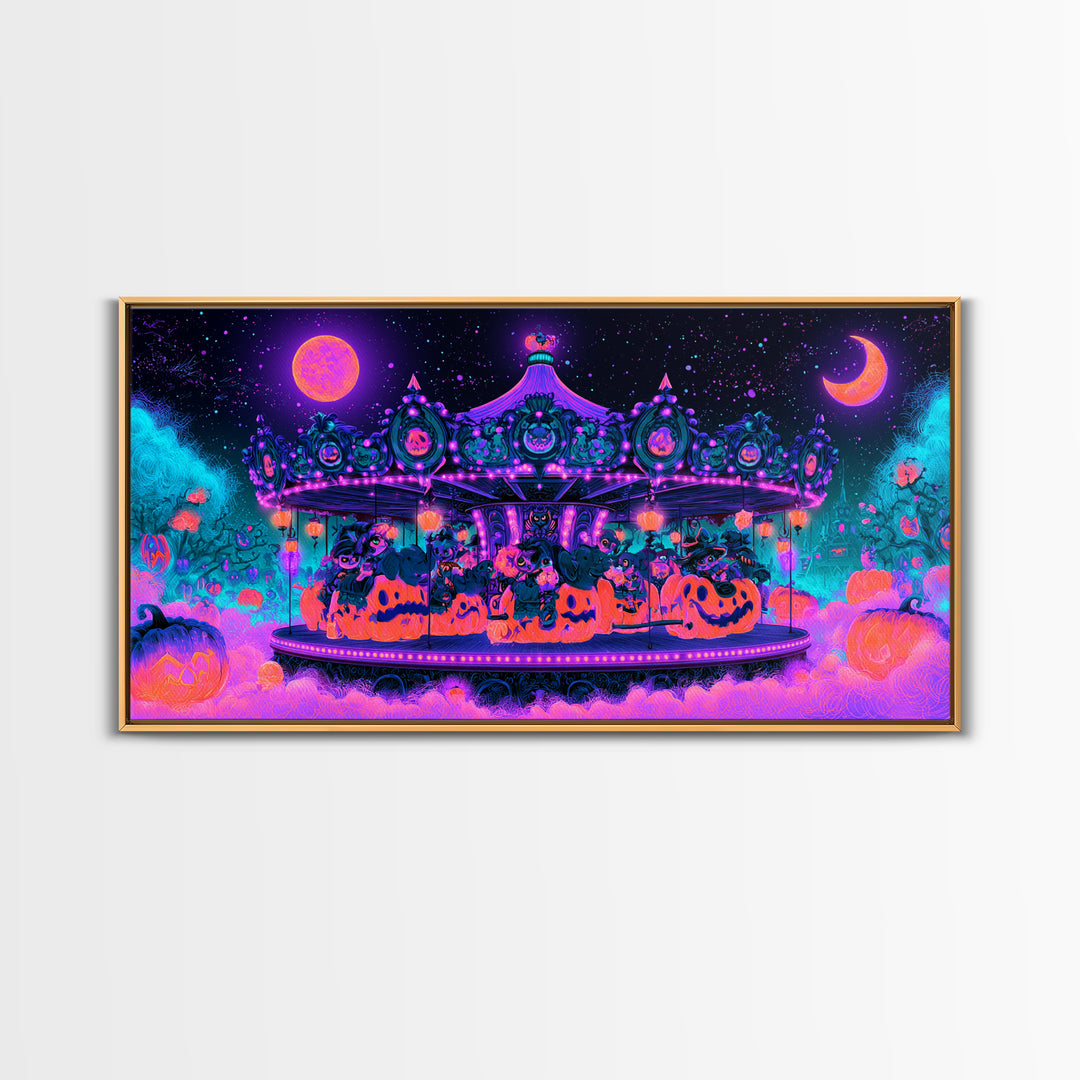The Pumpkin Carousel, Synthwave Halloween Art, Wide Panoramic Art, Canvas Print, Retro Halloween Decor, Neon Wall Art, Statement Wall Art