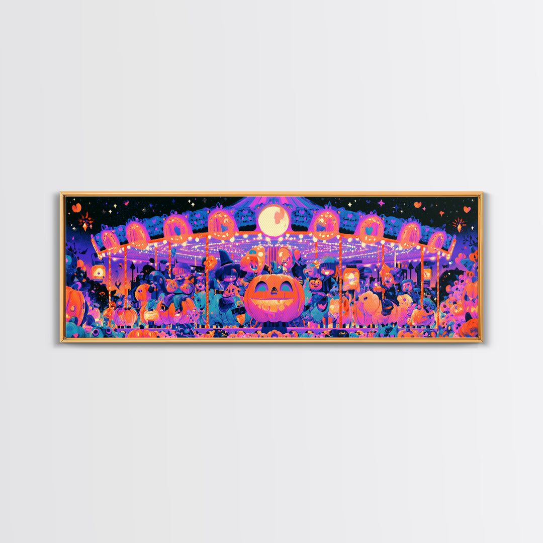 The Pumpkin Carousel, Synthwave Halloween Art, Extra Wide Wall Art, Framed Canvas Print, Retro Halloween Decor, Neon Wall Art