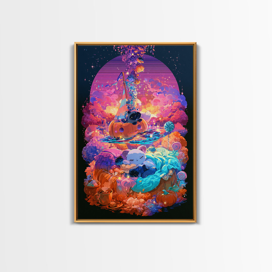 The Pumpkin Sailboat, Vaporwave Halloween Decor, Vertical Wall Art, Framed Canvas Print, Retro Halloween Decor, Neon Wall Art
