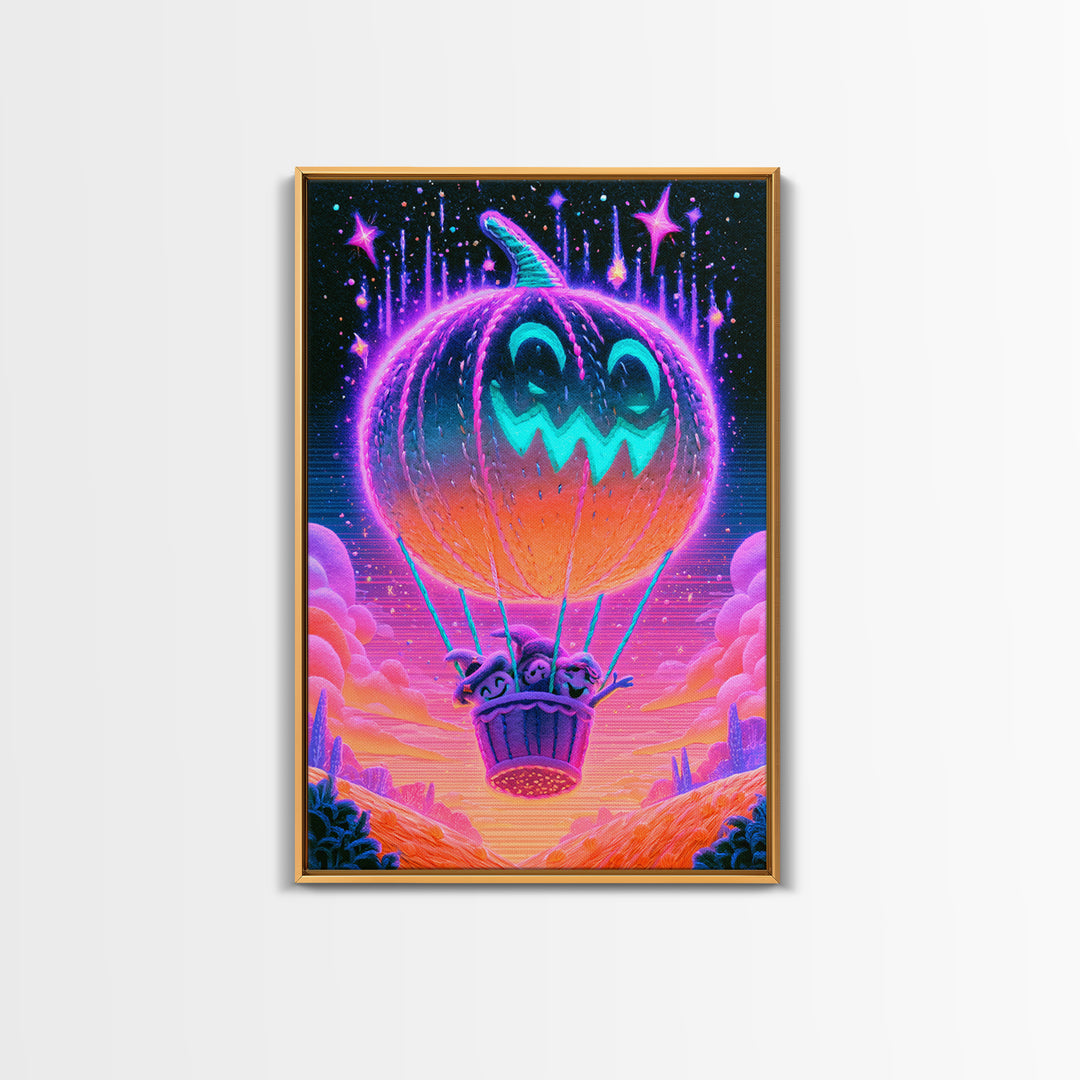 The Pumpkin Hot-Air Balloon, Cute Spooky Neon Art, Vertical Wall Art, Framed Canvas Print, Retro Halloween Decor, Neon Wall Art