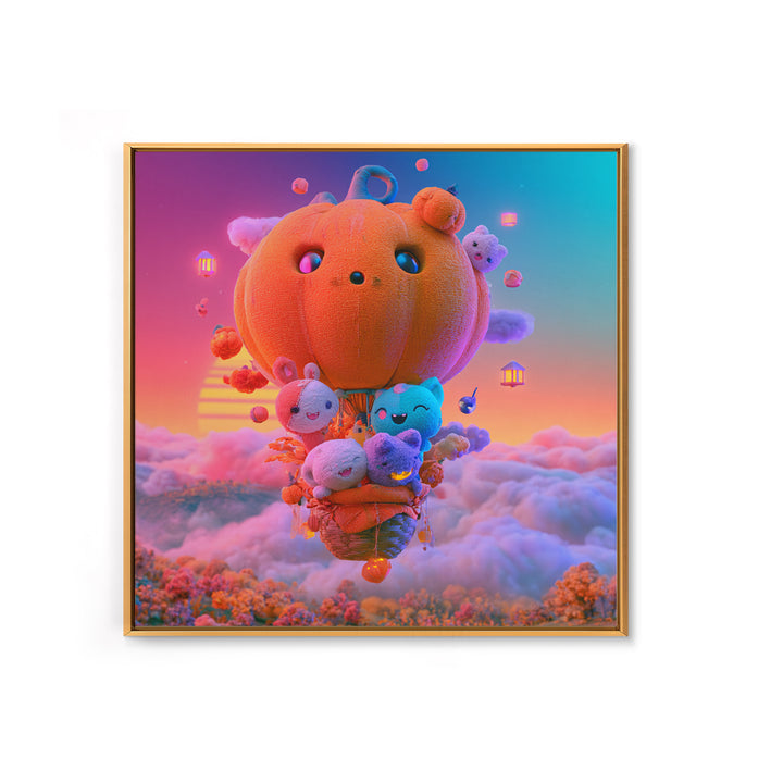 The Pumpkin Hot-Air Balloon, Cute Spooky Neon Art, Square Wall Art, Canvas Print, Retro Halloween Decor, Neon Wall Art, Dark Fantasy Art