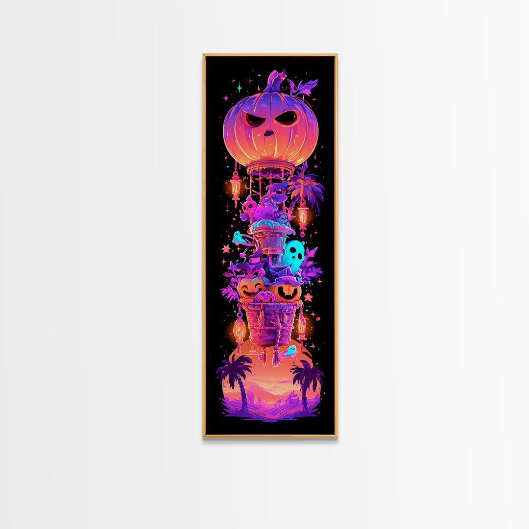 The Pumpkin Hot-Air Balloon, Synthwave Halloween Art, Tall Narrow Wall Art, Framed Canvas Print, Retro Halloween Decor, Neon Wall Art