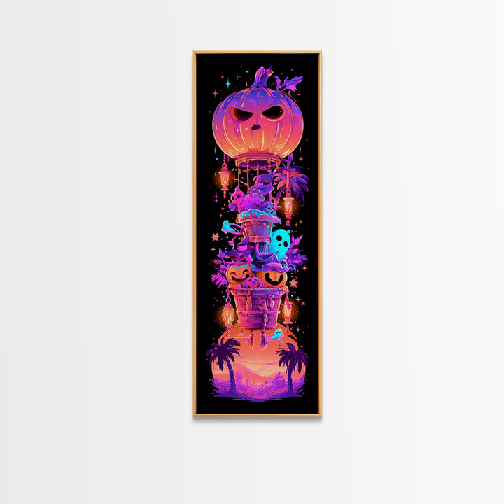 The Pumpkin Hot-Air Balloon, Synthwave Halloween Art, Tall Narrow Wall Art, Framed Canvas Print, Retro Halloween Decor, Neon Wall Art
