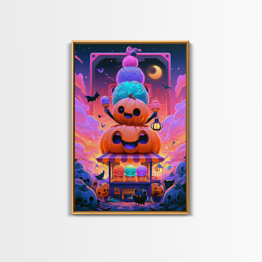 The Pumpkin Ice-Cream Stand, Synthwave Halloween Art, Vertical Wall Art, Canvas Print, Retro Halloween Decor, Neon Wall Art