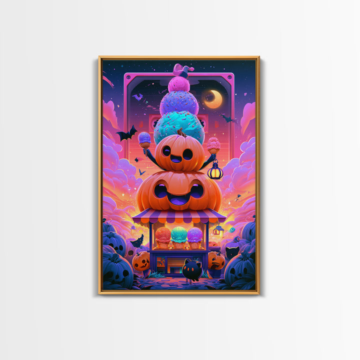 The Pumpkin Ice-Cream Stand, Synthwave Halloween Art, Vertical Wall Art, Canvas Print, Retro Halloween Decor, Neon Wall Art