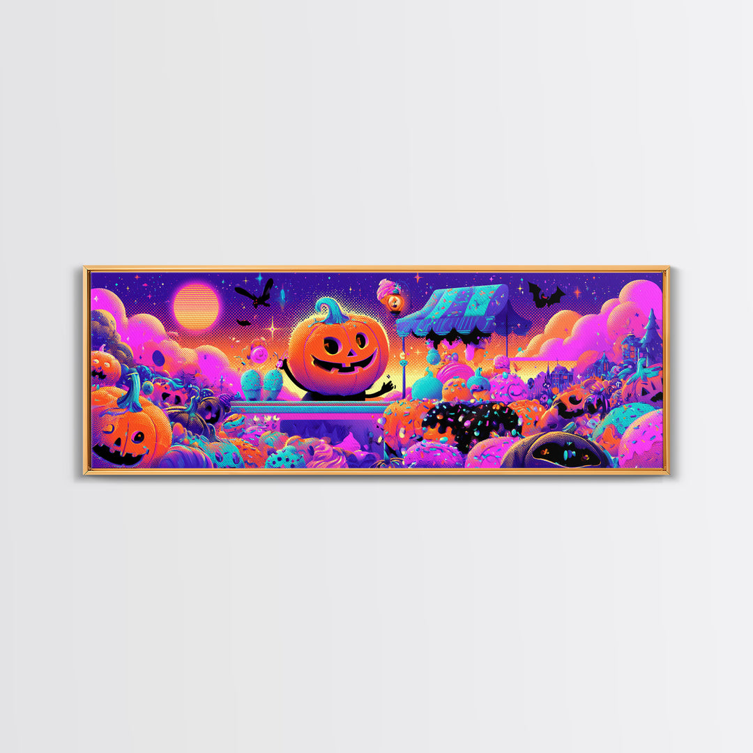 The Pumpkin Ice-Cream Stand, Retro Neon Halloween Art, Extra Wide Wall Art, Canvas Print, Retro Halloween Decor, Neon Wall Art
