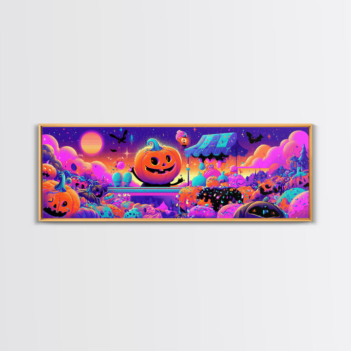 The Pumpkin Ice-Cream Stand, Retro Neon Halloween Art, Extra Wide Wall Art, Canvas Print, Retro Halloween Decor, Neon Wall Art