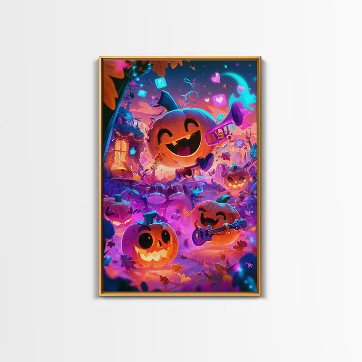 The Pumpkin Music Band, Cute Spooky Neon Art, Vertical Wall Art, Canvas Print, Retro Halloween Decor, Neon Wall Art, Halloween Wall Art