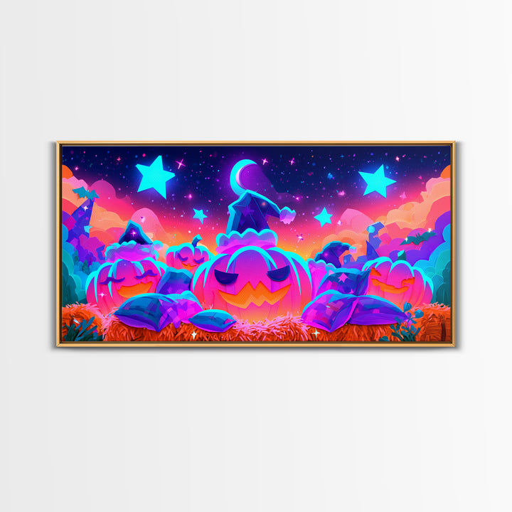 The Pumpkin Pajama Party, Synthwave Halloween Art, Wide Panoramic Art, Framed Canvas Print, Retro Halloween Decor, Neon Wall Art