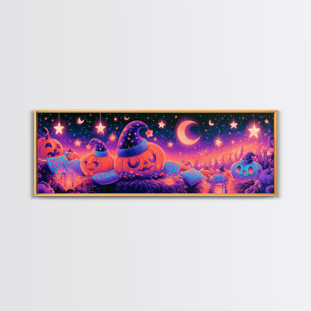The Pumpkin Pajama Party, Synthwave Halloween Art, Extra Wide Wall Art, Framed Canvas Print, Retro Halloween Decor, Neon Wall Art