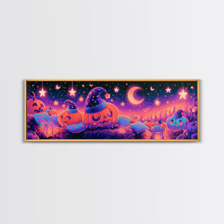 The Pumpkin Pajama Party, Synthwave Halloween Art, Extra Wide Wall Art, Framed Canvas Print, Retro Halloween Decor, Neon Wall Art