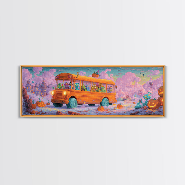 The Pumpkin School Bus, 80s Halloween Wall Art, Extra Wide Wall Art, Framed Canvas Print, Retro Halloween Decor, Neon Wall Art