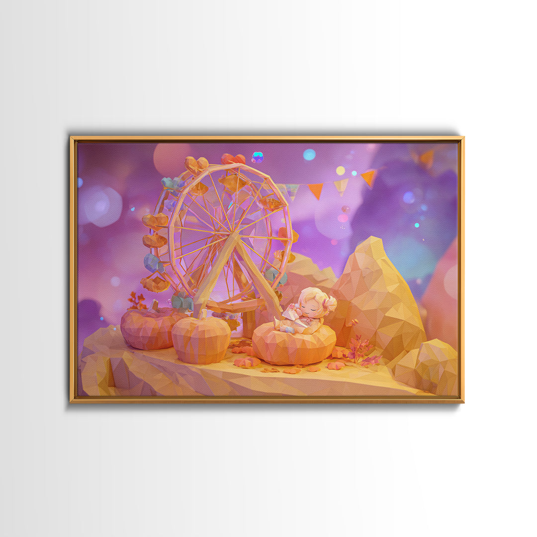 The Pumpkin Ferris Wheel, 80s Halloween Wall Art, Landscape Wall Art, Canvas Print, Retro Halloween Decor, Neon Wall Art, Dark Fantasy Art