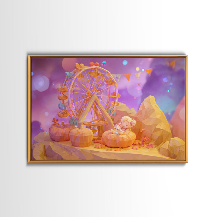 The Pumpkin Ferris Wheel, 80s Halloween Wall Art, Landscape Wall Art, Canvas Print, Retro Halloween Decor, Neon Wall Art, Dark Fantasy Art