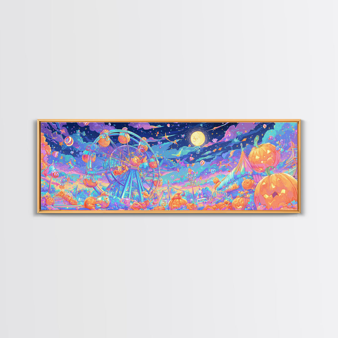 The Pumpkin Ferris Wheel, Retro Neon Halloween Art, Extra Wide Wall Art, Framed Canvas Print, Retro Halloween Decor, Neon Wall Art