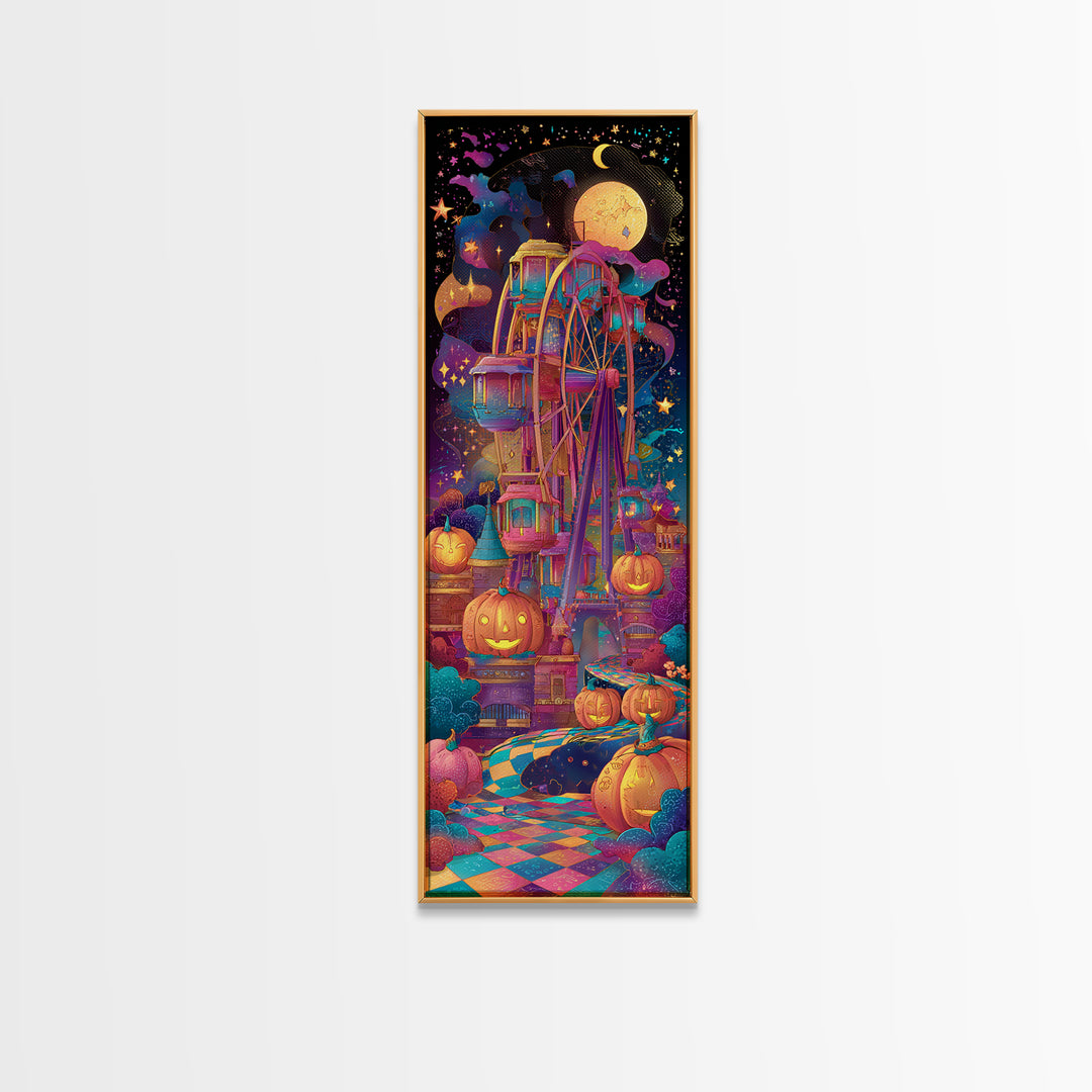 The Pumpkin Ferris Wheel, Retro Neon Halloween Art, Tall Narrow Wall Art, Framed Canvas Print, Retro Halloween Decor, Neon Wall Art