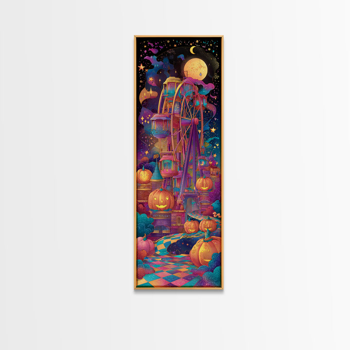 The Pumpkin Ferris Wheel, Retro Neon Halloween Art, Tall Narrow Wall Art, Framed Canvas Print, Retro Halloween Decor, Neon Wall Art